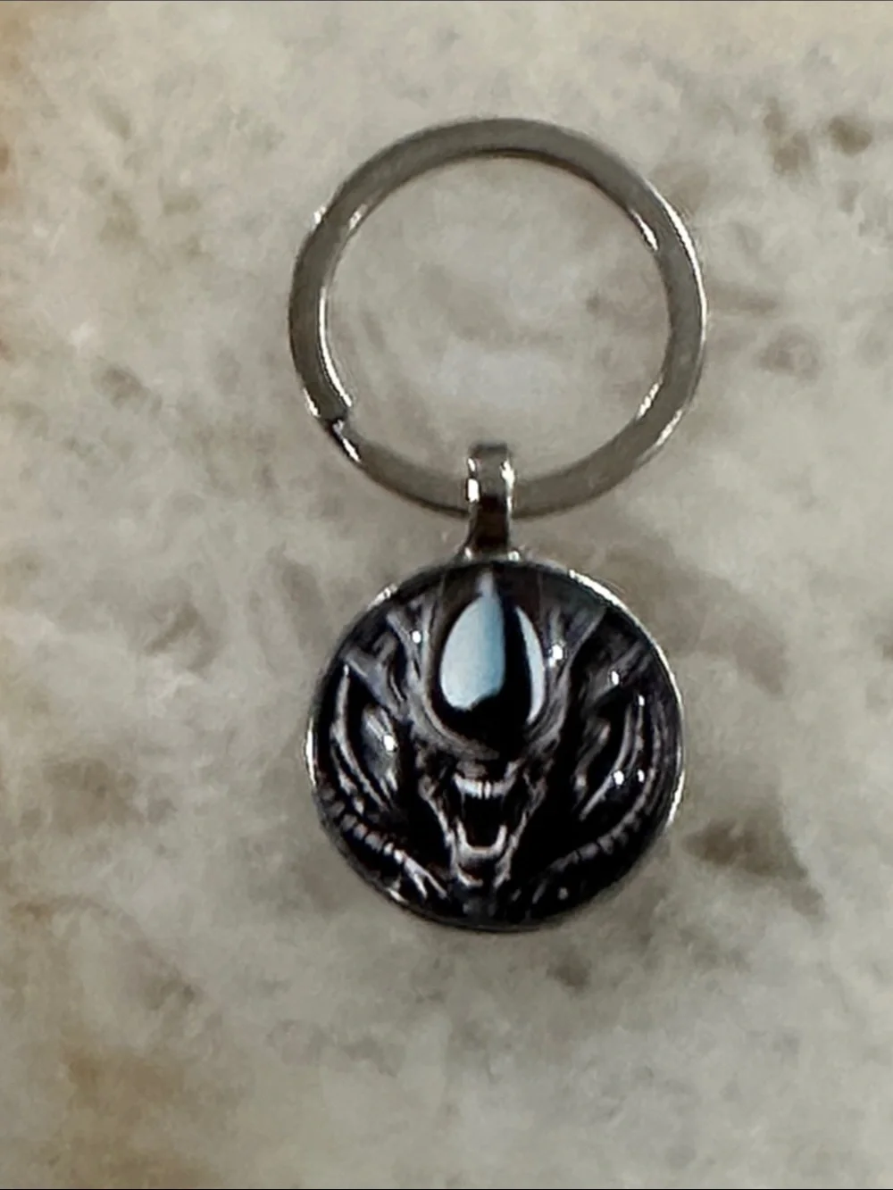 Silver Alien Round Metal Keychain